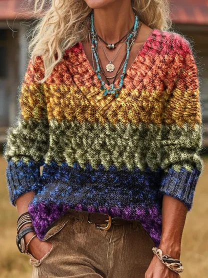 Unisex Colorful Striped Artistic Print Casual Long-sleeved V-neck Wool Blend Knitted Sweater