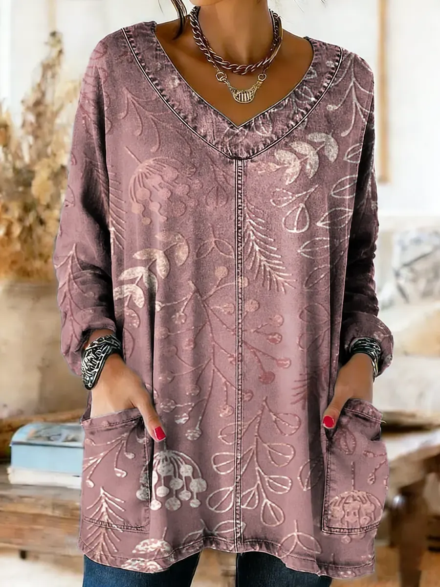 Women's Floral Art Print Long-Sleeve V-Neck Pocket Washed Cotton Denim