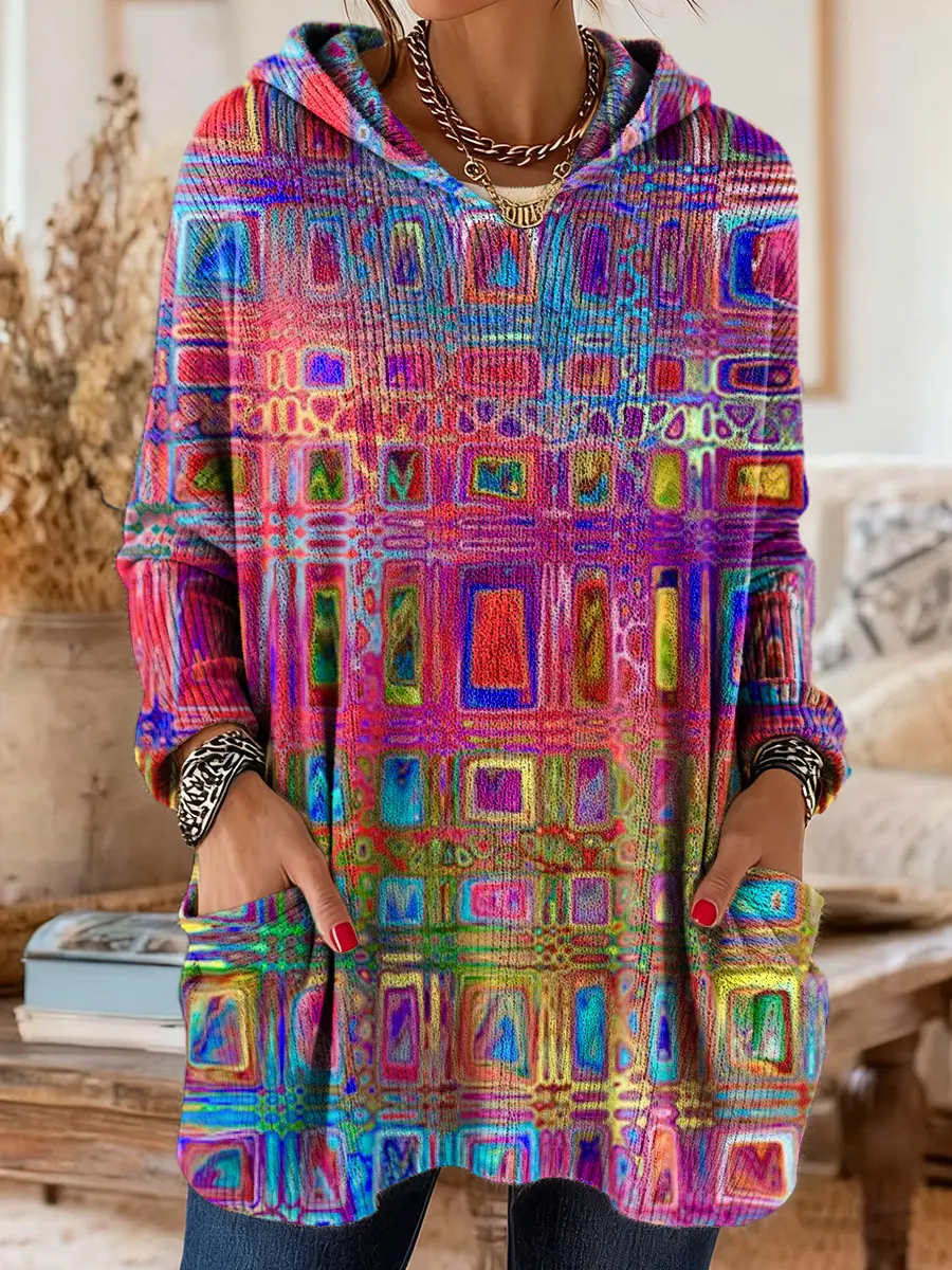 Women's Colorful Geometric Pattern Art Print Casual Knit Hooded Sweatshirt With Pockets
