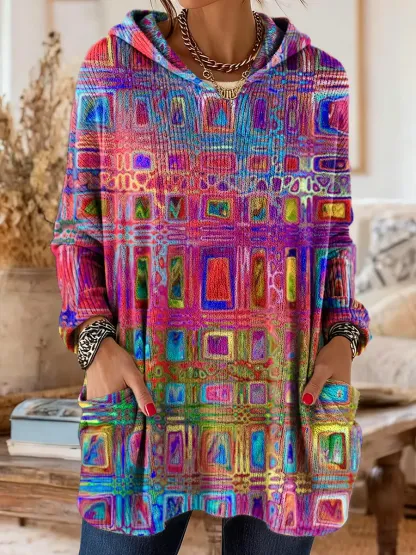 Women's Colorful Geometric Pattern Art Print Casual Knit Hooded Sweatshirt With Pockets