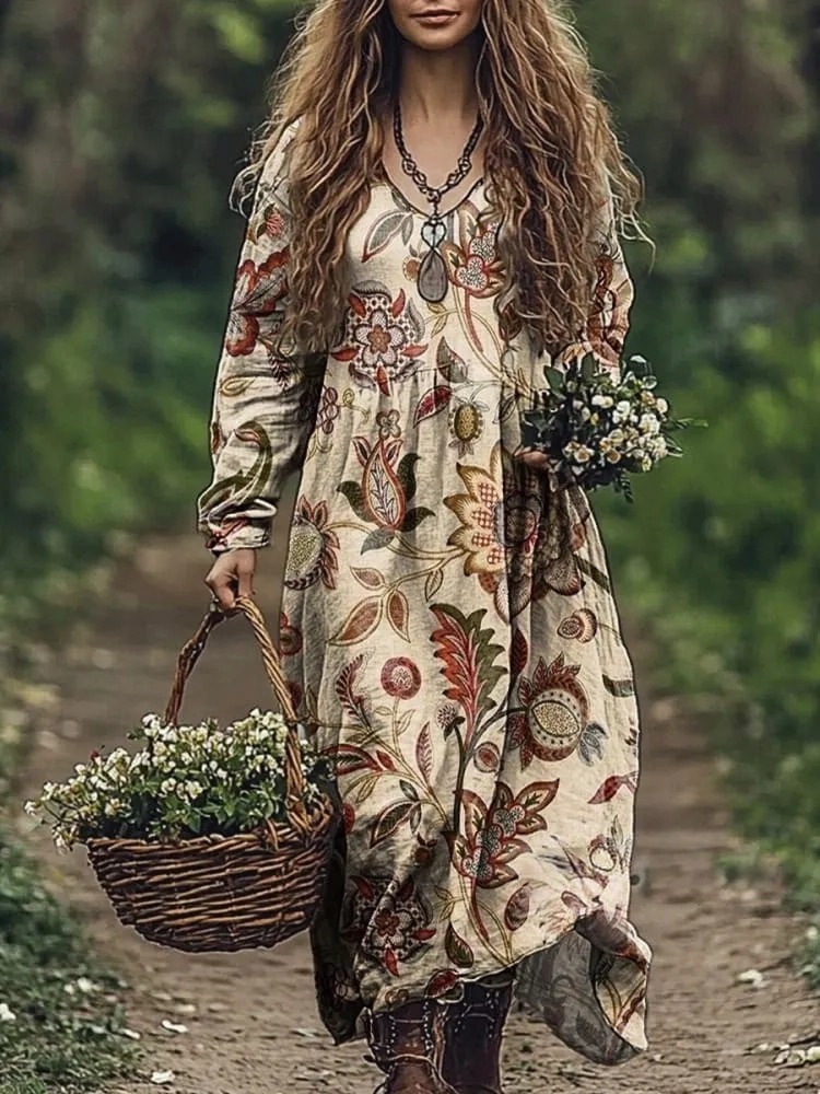 Women's Vintage Folk Floral Art Print V Neck Pocket Cotton Dress