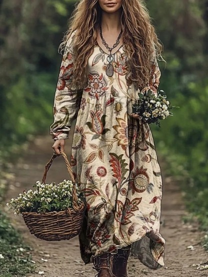 Women's Vintage Folk Floral Art Print V Neck Pocket Cotton Dress