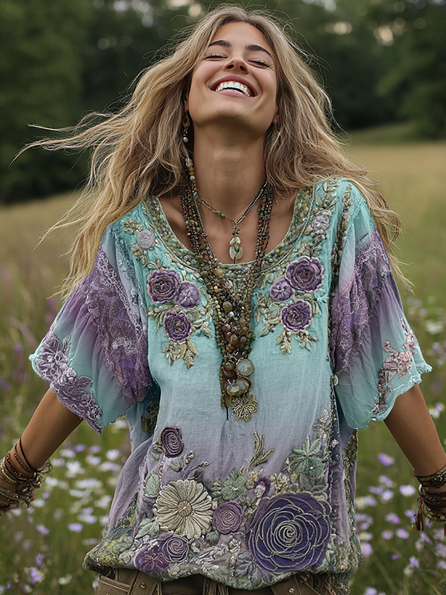 Classy Gradient Purple Lavender And Floral Embroidered Linen Short Sleeve T-shirt