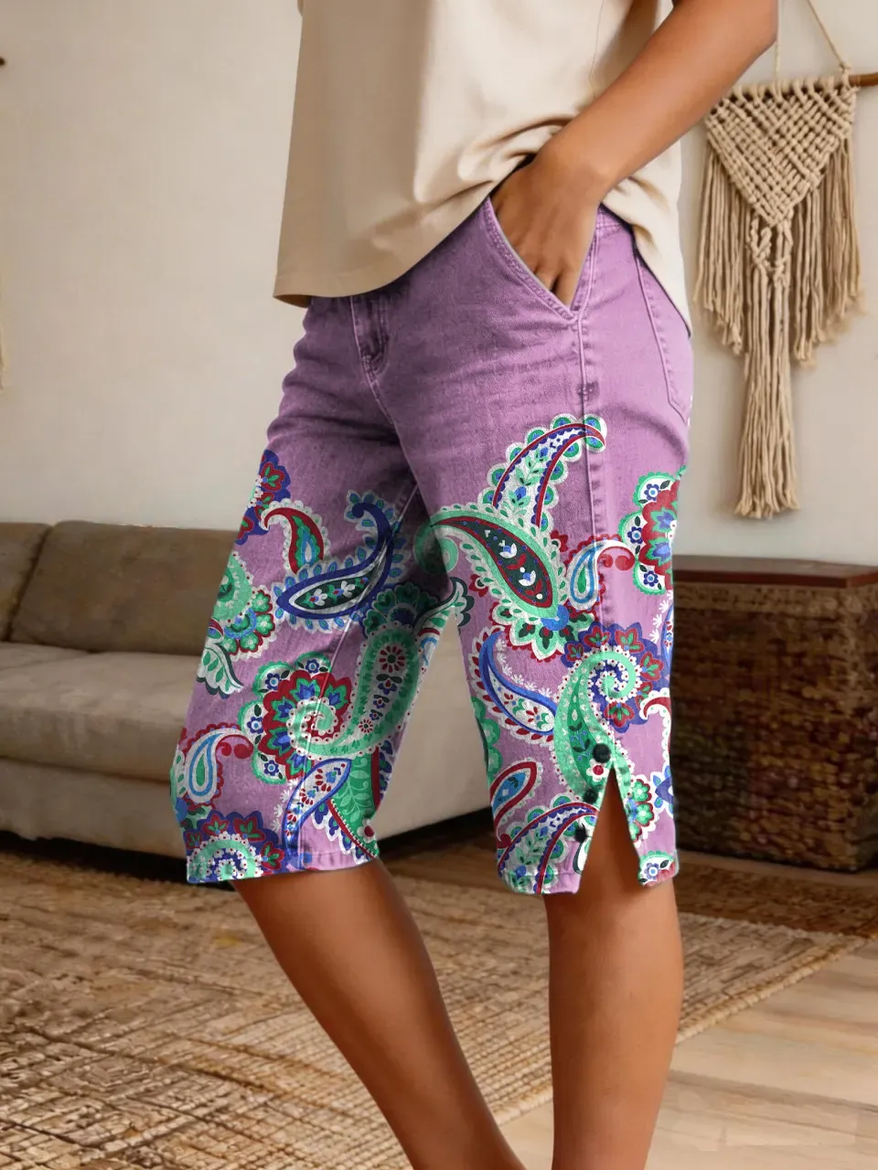 Women's Paisley Floral Art Print Casual Fashion Denim Shorts