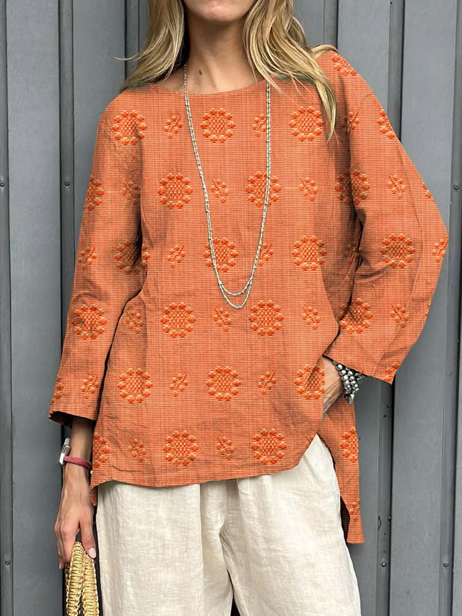 Women's Vintage Floral Pattern Art Print Casual Cotton Linen Shirt