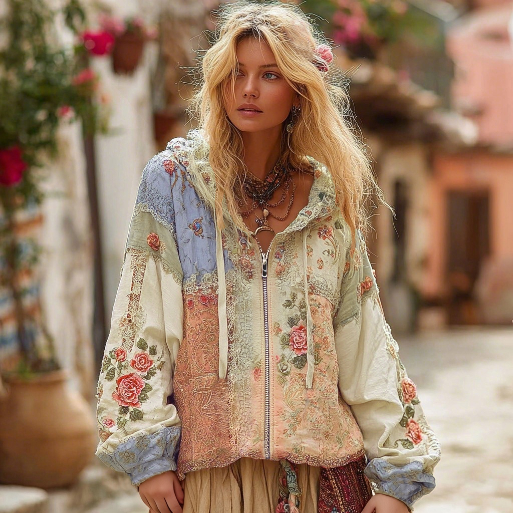 Women's Floral Embroidery Color Block Boho Casual Zip-up Hoodie