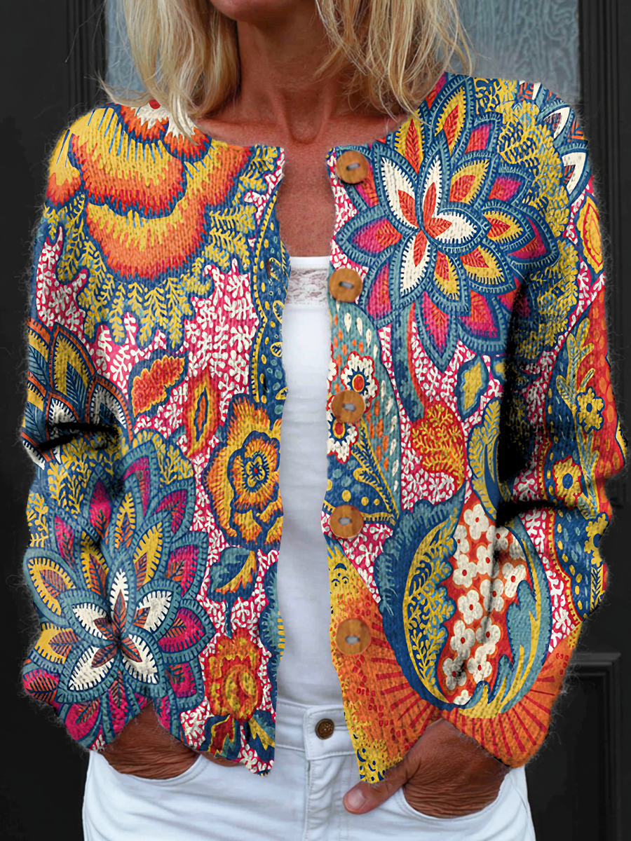 Unisex Colorful Bohemian Floral Art Print Casual Long-Sleeved Cardigan Sweater