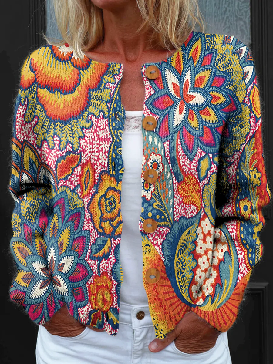 Unisex Colorful Bohemian Floral Art Print Casual Long-Sleeved Cardigan