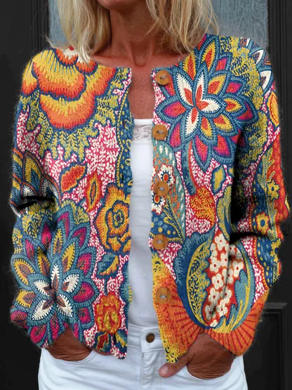 Unisex Colorful Bohemian Floral Art Print Casual Long-Sleeved Cardigan Sweater
