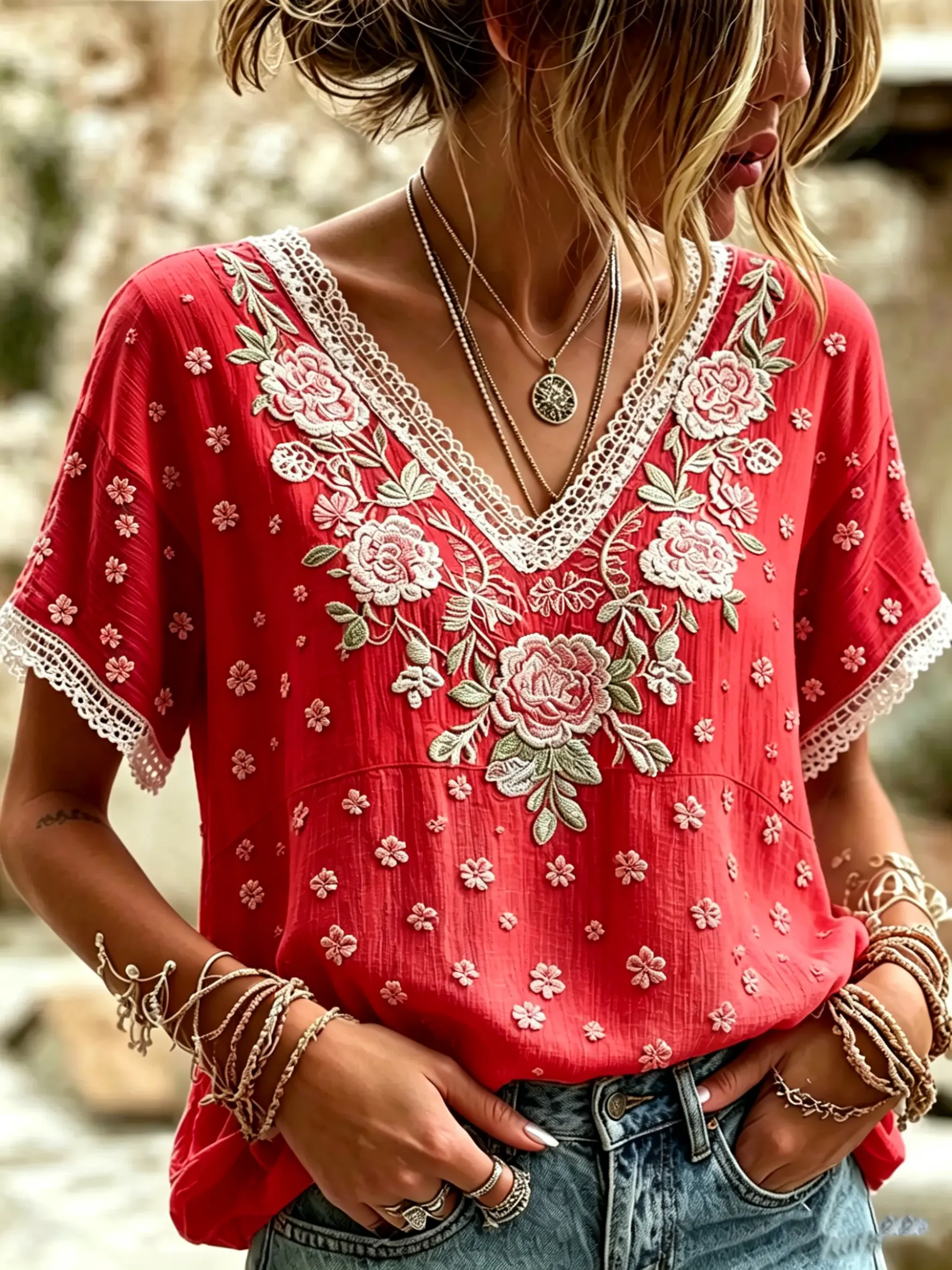Women's Floral Patchwork Print Cotton Lace Trim V-Neck Blouse