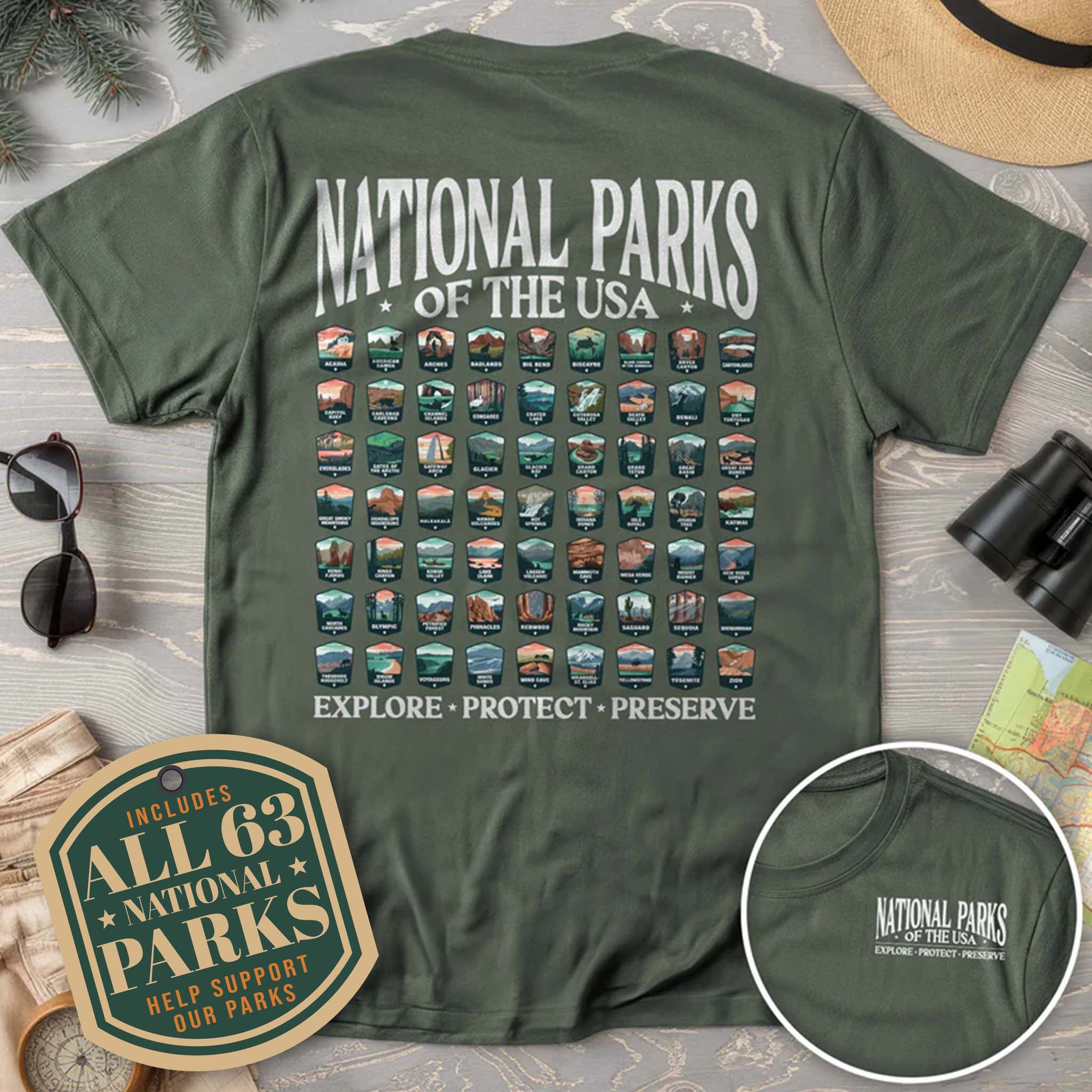 National Parks of the USA 63 Badges Front/Back Print Comfort Colors T-Shirt