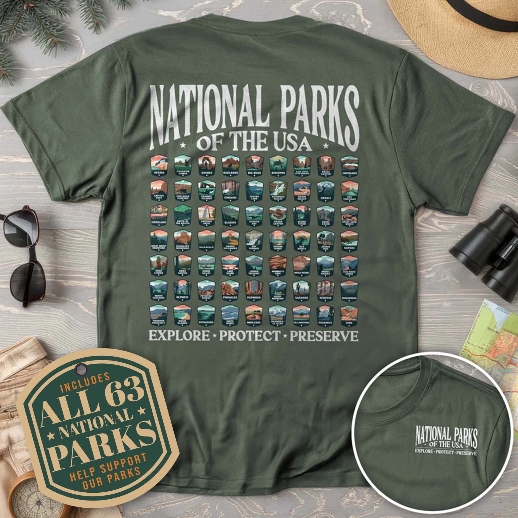 National Parks of the USA 63 Badges Front/Back Print Comfort Colors T-