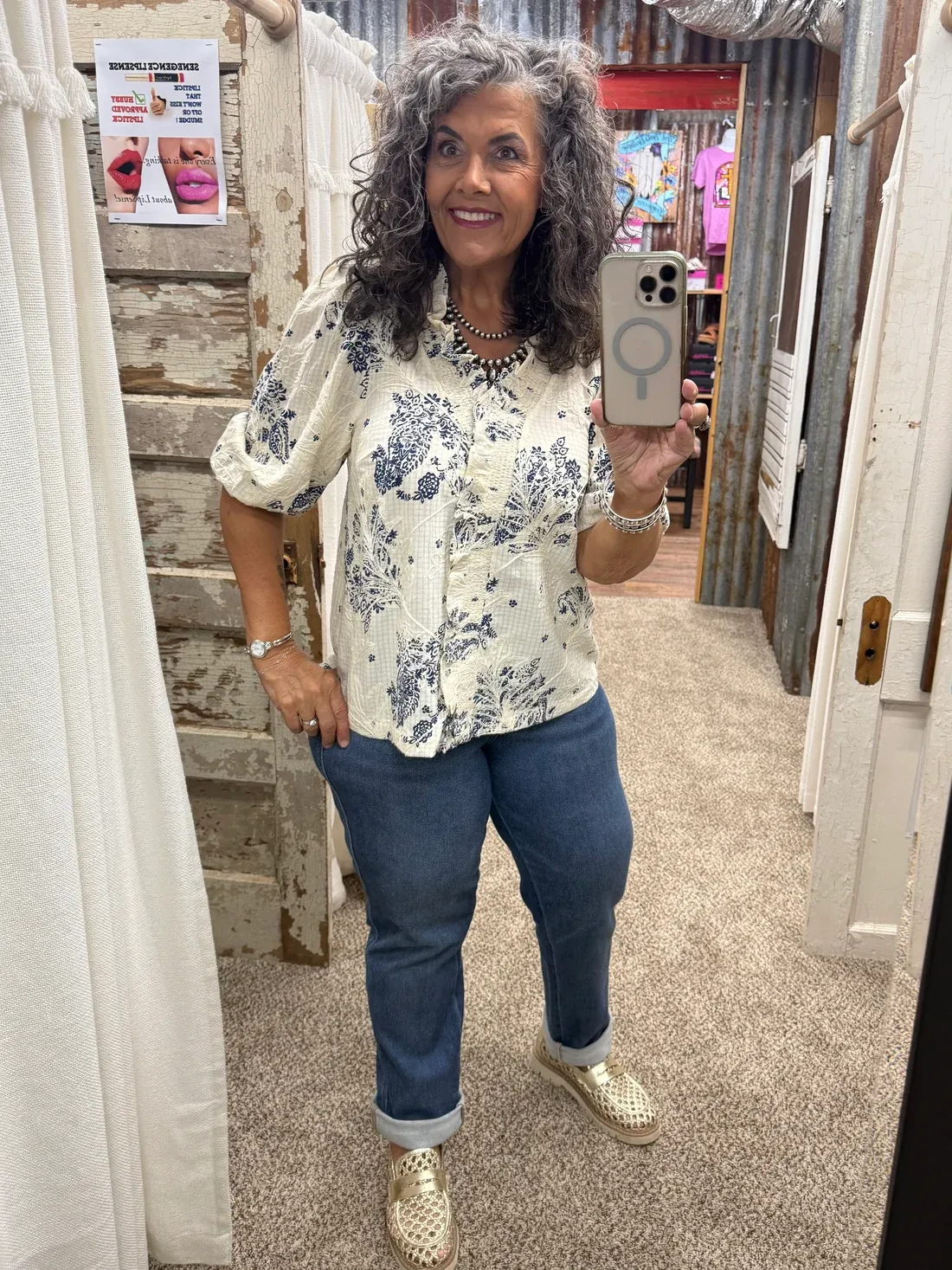UMGEE Navy Floral Embroidered Blouse with Ruffle Trim