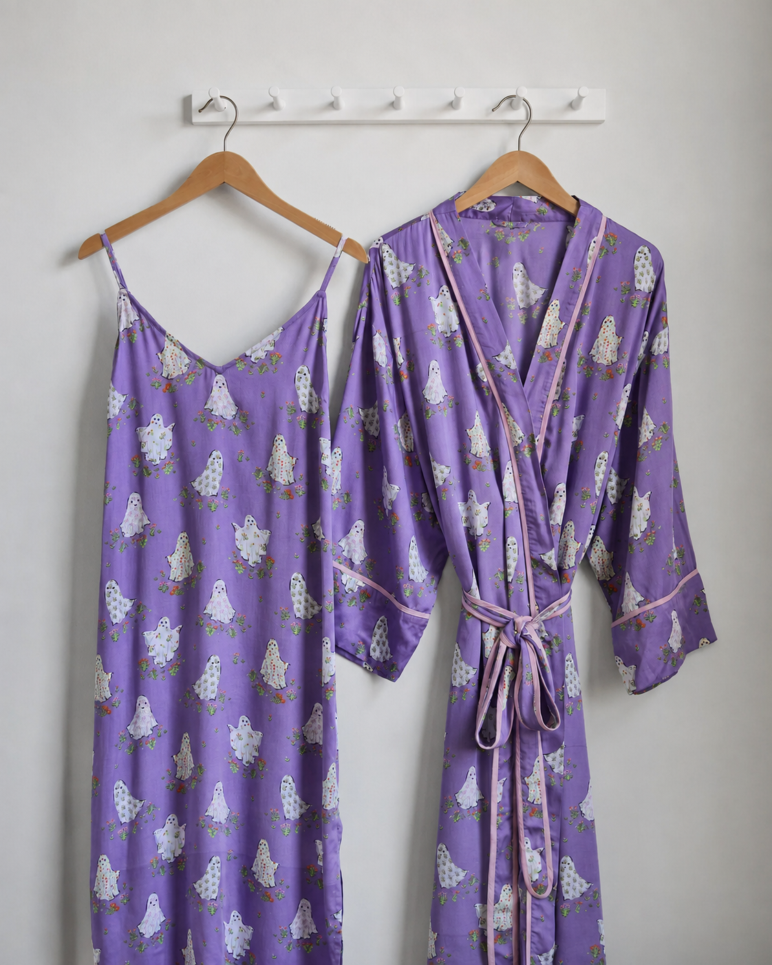 Gardening Ghosts - Eco Satin Robe & Chic to Sleep Nightie Bundle - Eerie Amethyst