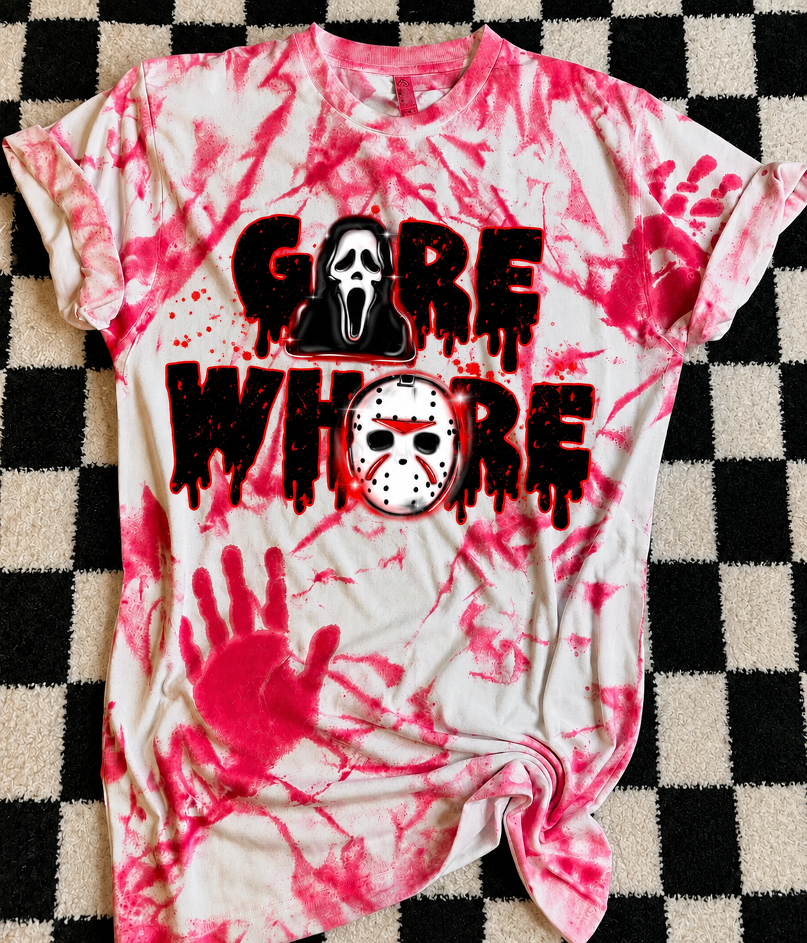 Gore whore with ghostface and Jason on red tie dye hoodie, crewneck, long sleeve or tee