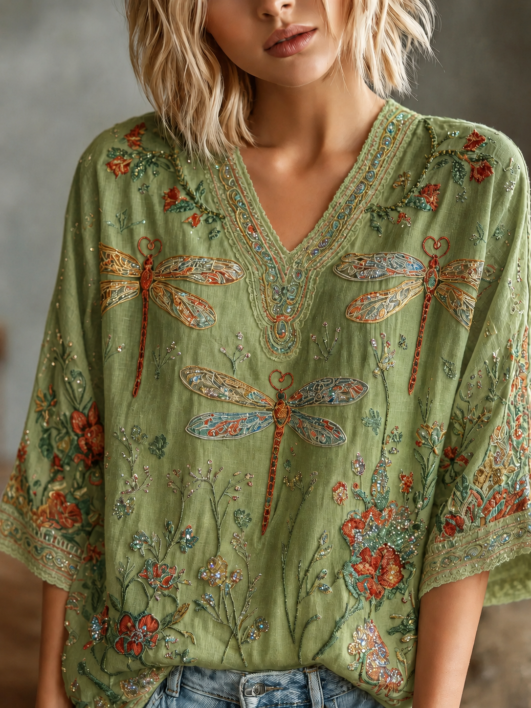 Women's Hippie Floral And Dragonfly In Patchwork Pattern Mid-length Shirts