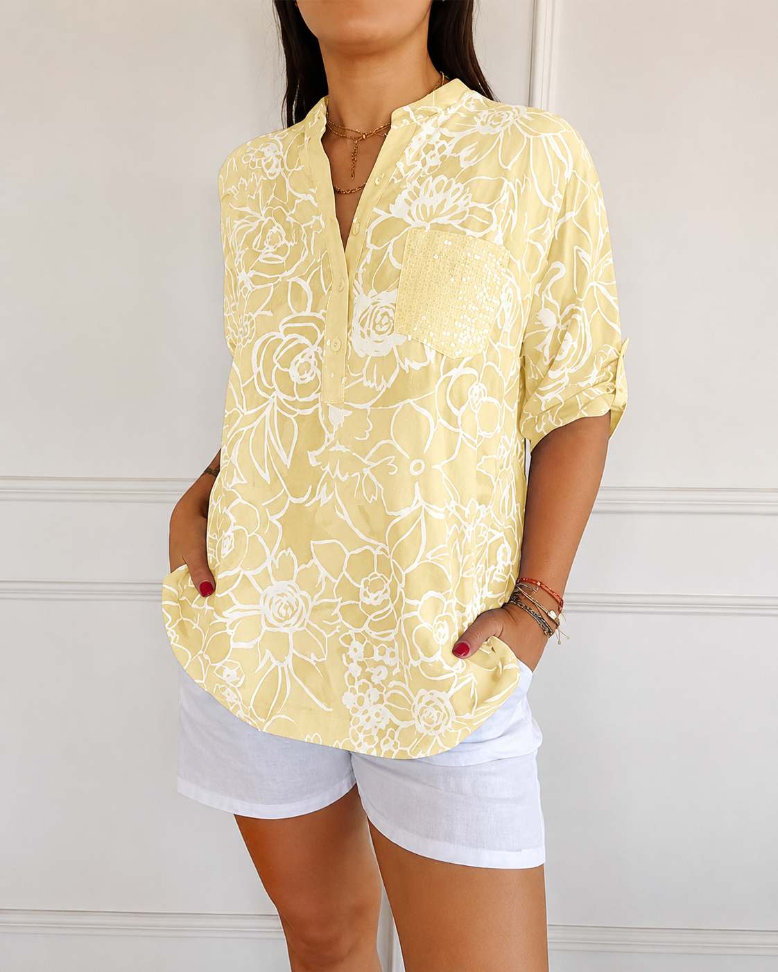 V-Neck Button-Down Printed Blouse