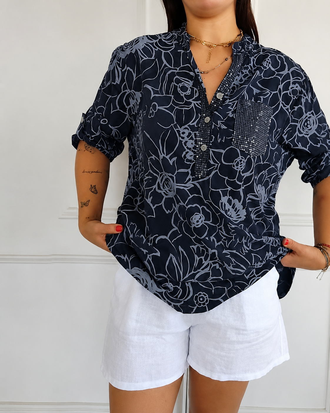 V-Neck Button-Down Printed Blouse
