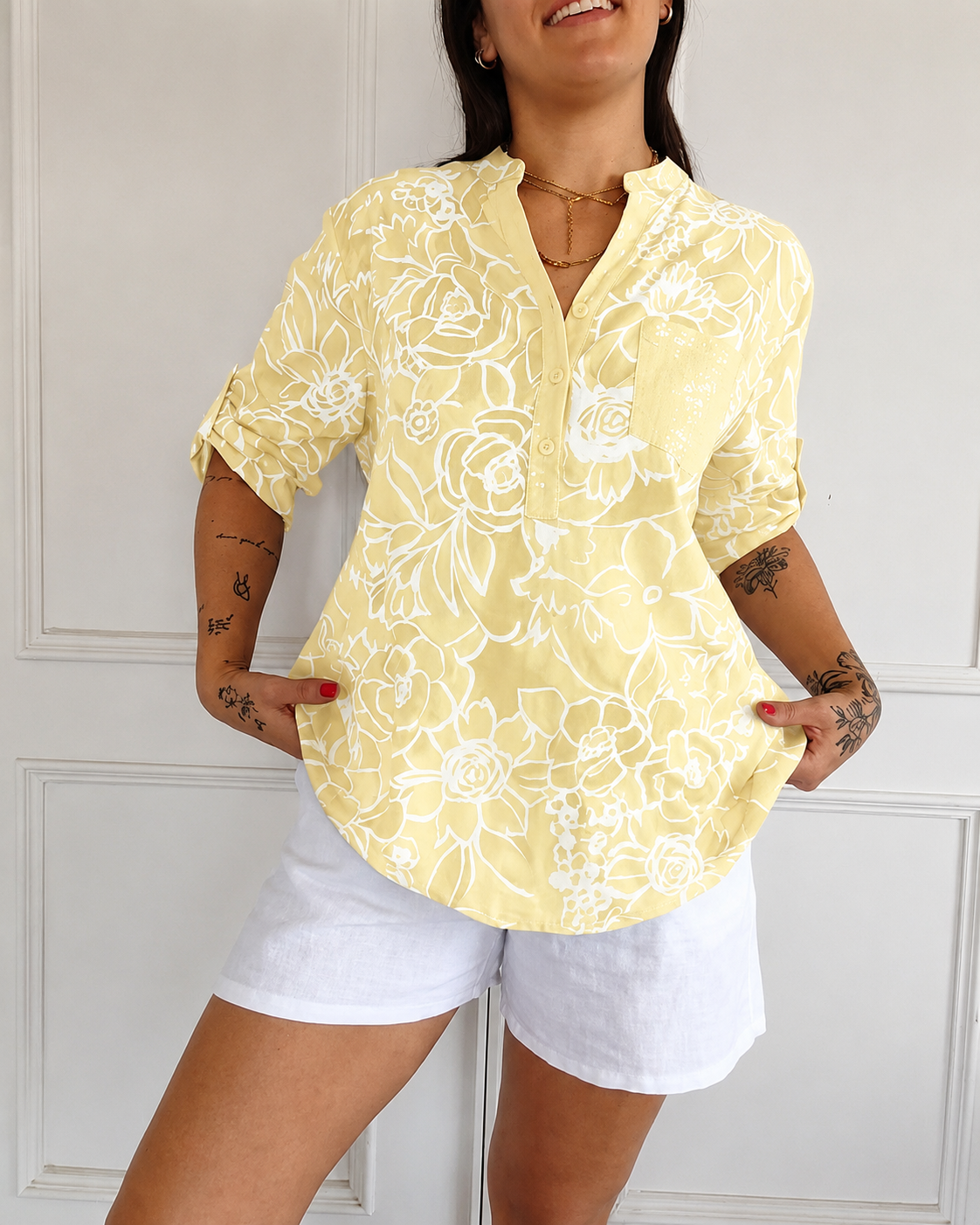V-Neck Button-Down Printed Blouse