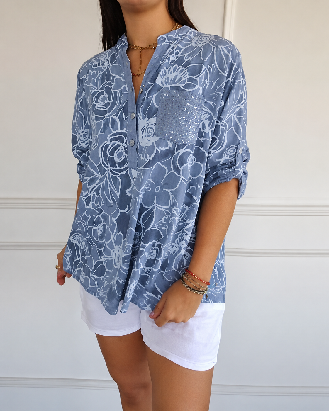 V-Neck Button-Down Printed Blouse