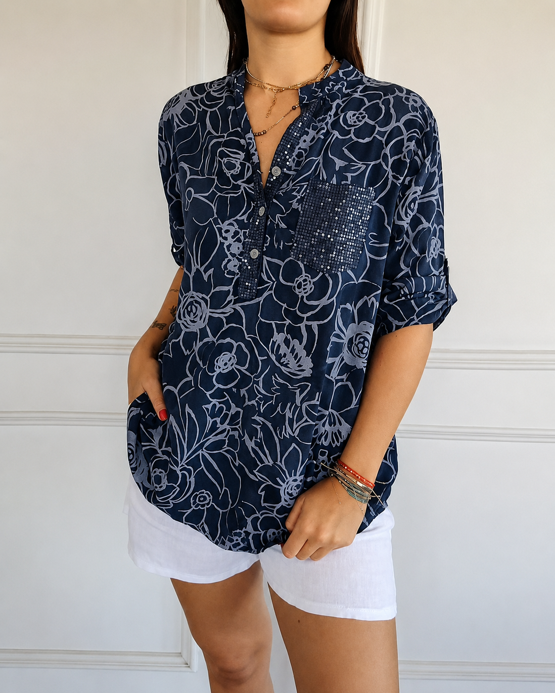 V-Neck Button-Down Printed Blouse