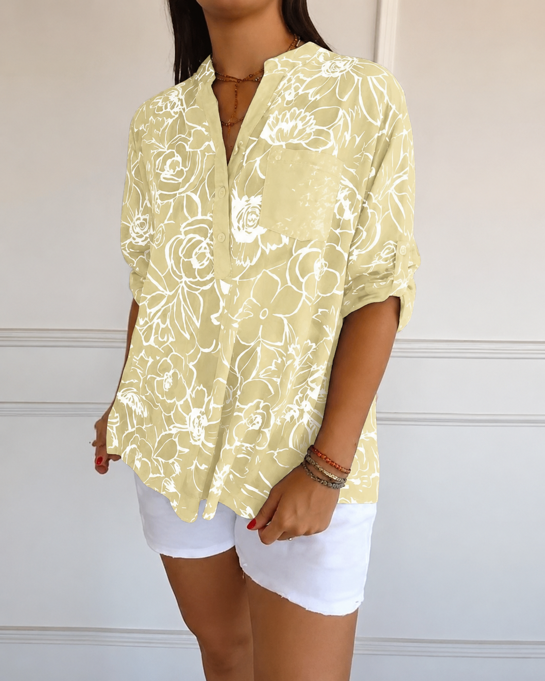 V-Neck Button-Down Printed Blouse