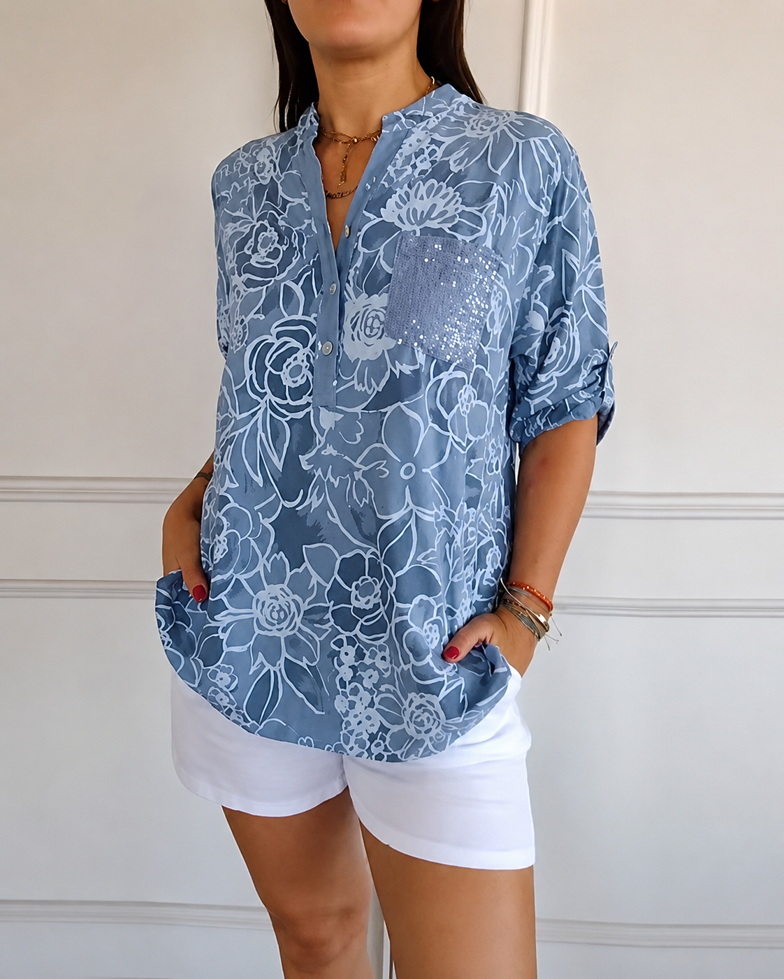 V-Neck Button-Down Printed Blouse