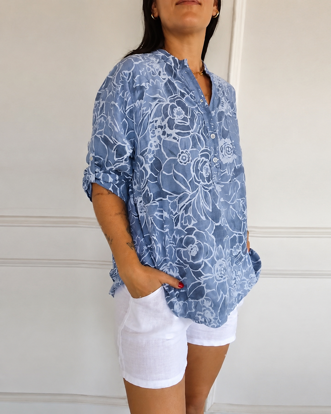 V-Neck Button-Down Printed Blouse