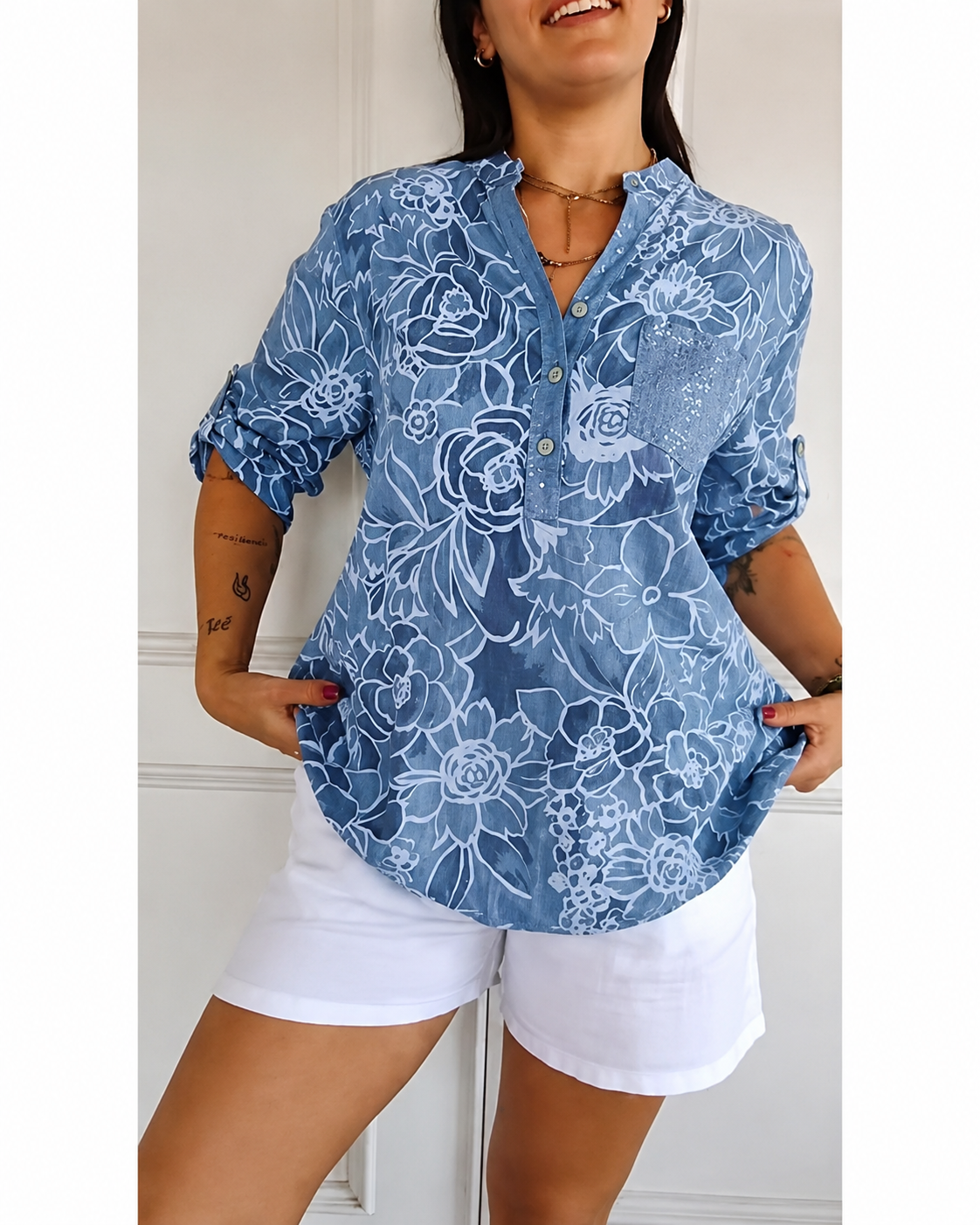 V-Neck Button-Down Printed Blouse