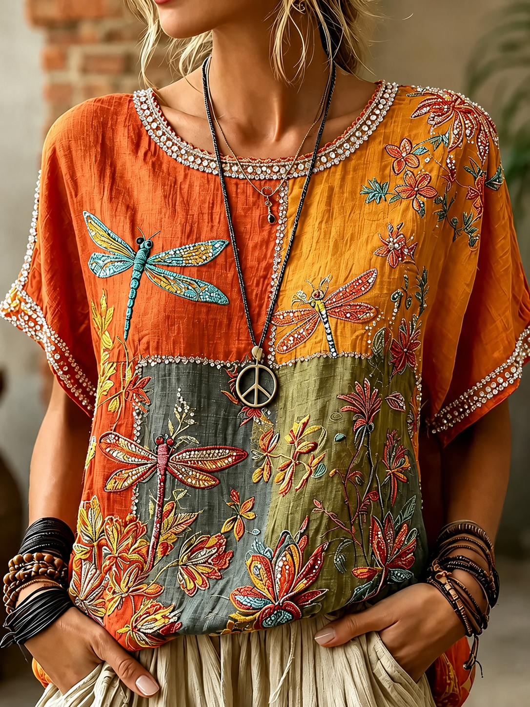 Women's Vintage Hippie Floral And Dragonfly In Patchwork Pattern Art Embroidered Linen Blend Shirts