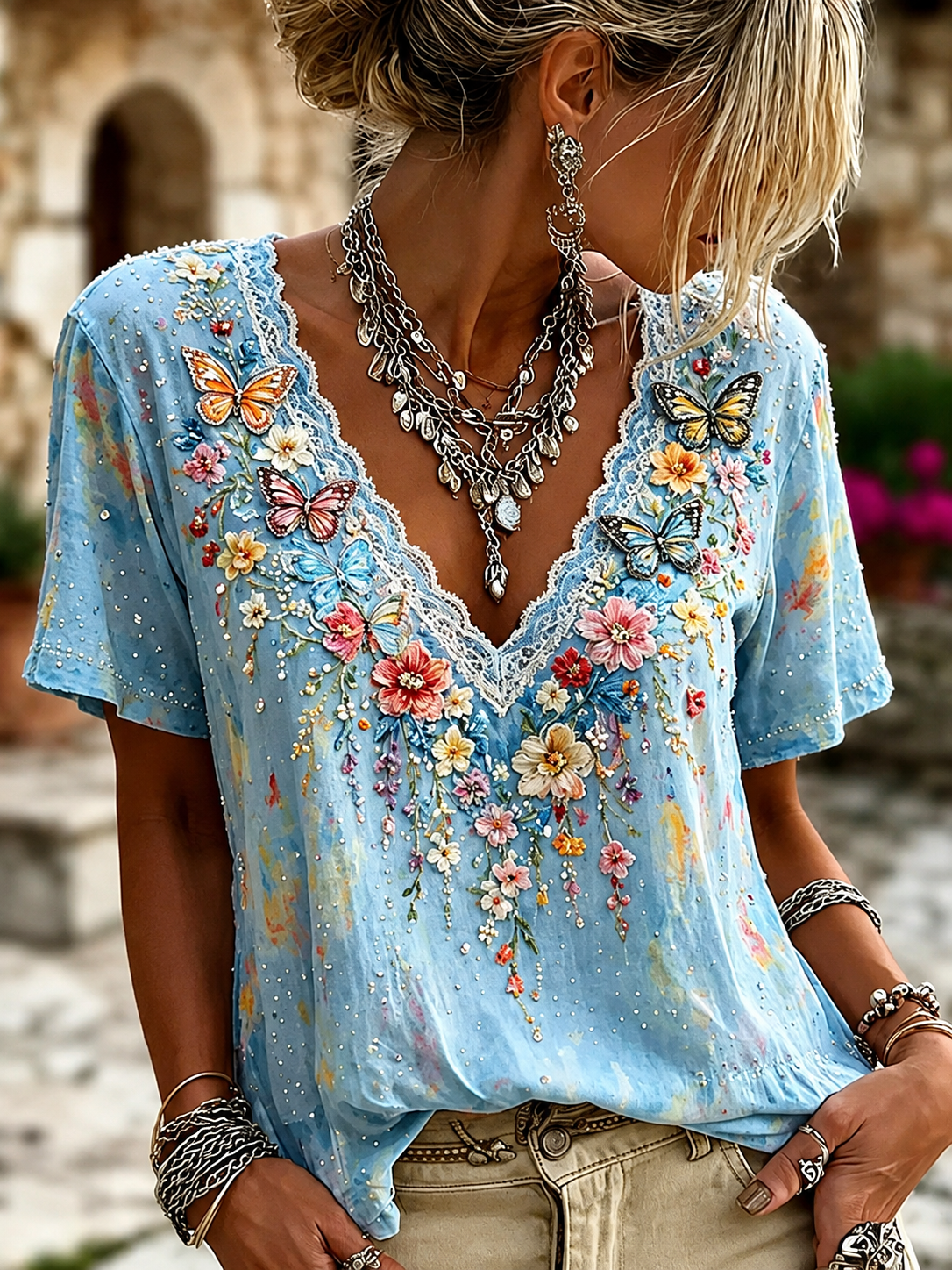 Women's Colorful Floral And Butterfly Art Embroidered Linen Blend Lace V-neck Short Sleeve Top