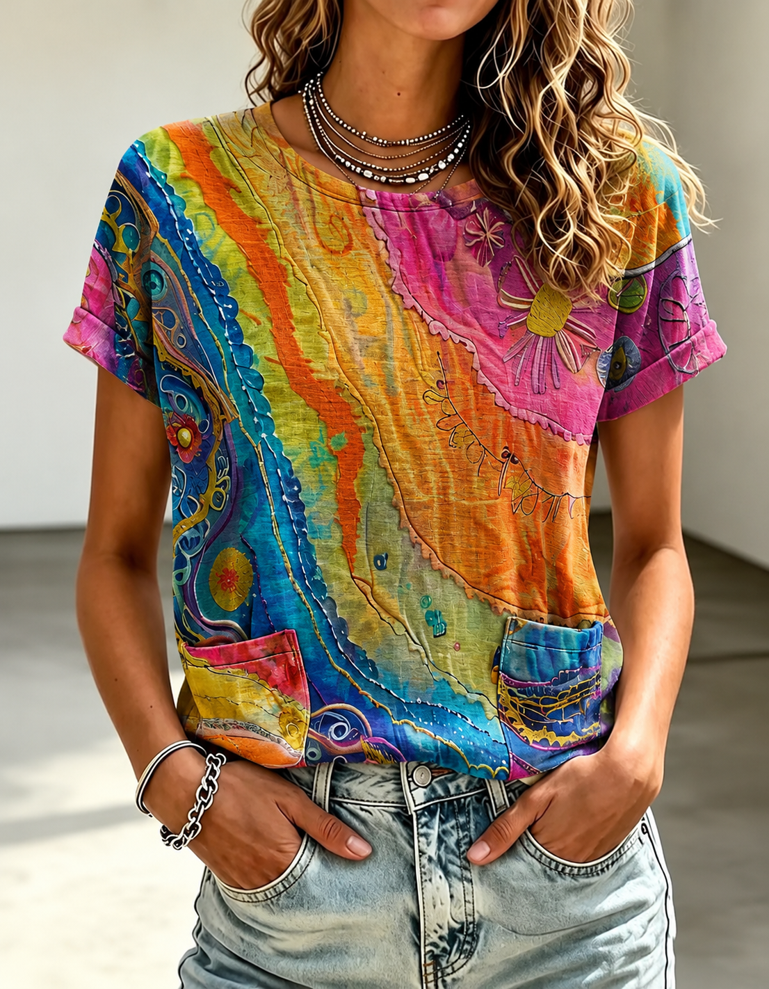 Women's Colorful Textured Art Print Casual Round Neck Tunic Top