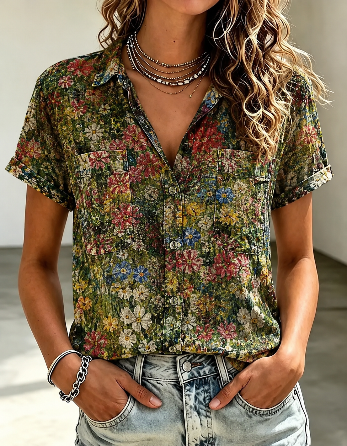 Women's Vintage Lovely Floral Art Print Casual Short Sleeve Comfortable Cotton Shirt