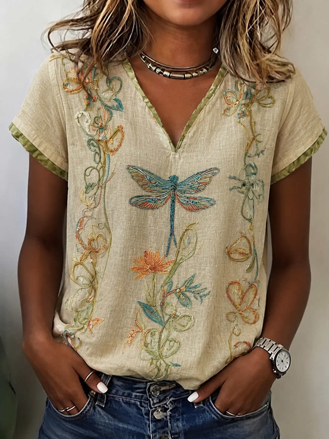 Bohemian Dragonfly Vine Pattern Vintage V-neck Short-sleeved T-shirt