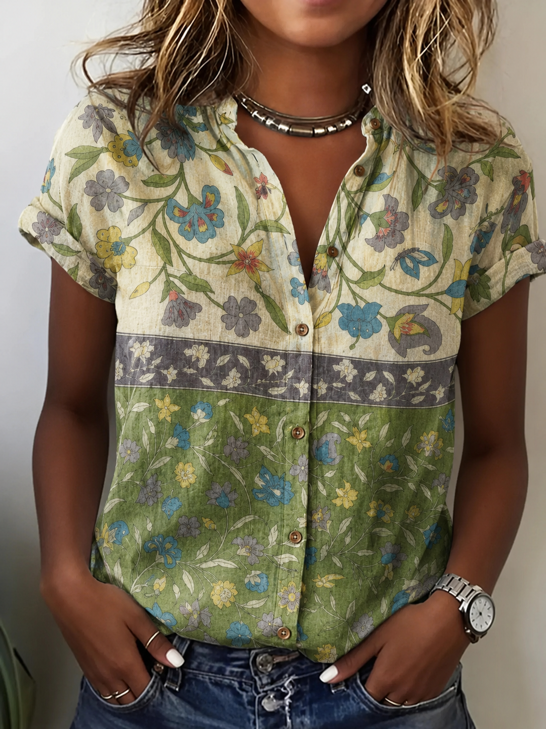 Women's Retro Ethnic Pattern Artistic Print Casual Cotton-Linen T-Shirt