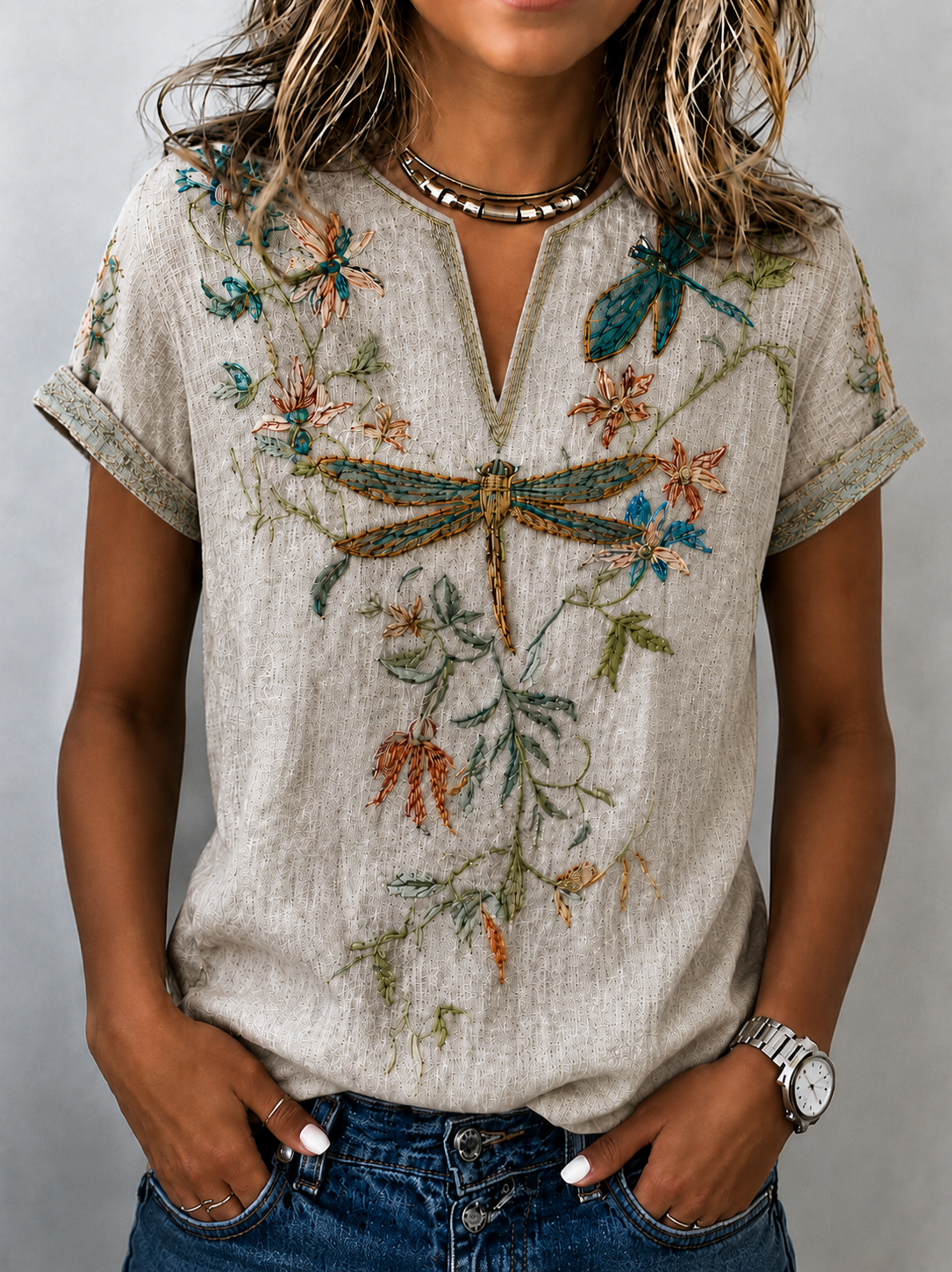 Bohemian Style Dragonfly Flower Vintage V-neck Short-sleeved Shirt