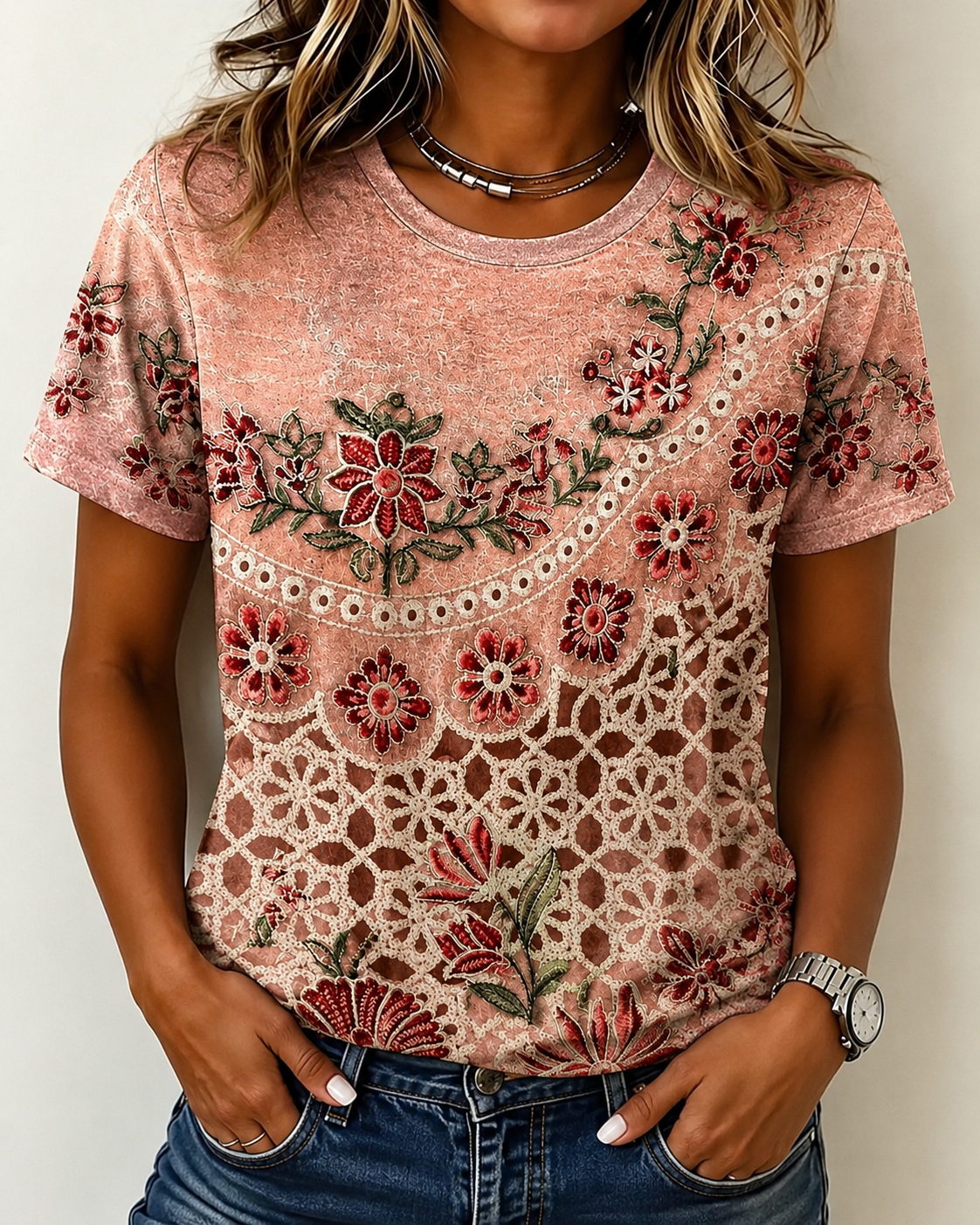 Women's Vintage Ethnic Pink Collage Floral Art Print Casual V-neck short Sleeve Denim T-Shirt
