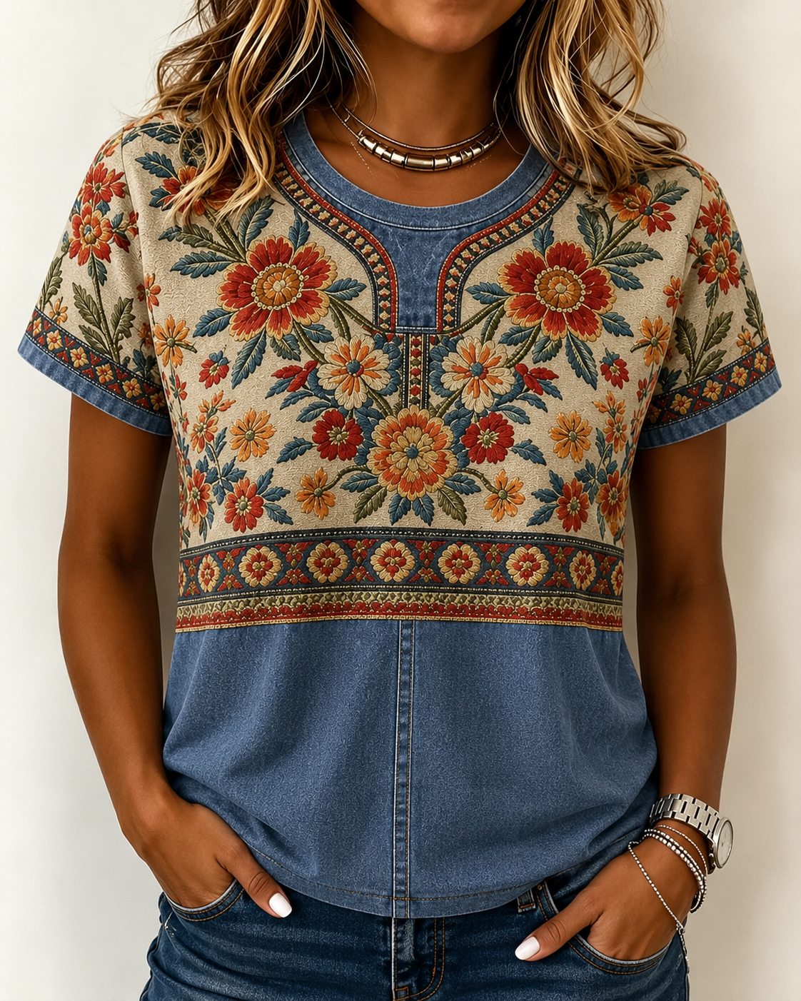 Women's Retro Palace-style Ethnic Floral Patterns Art Print Casual Washed Denim Cotton T-Shirt