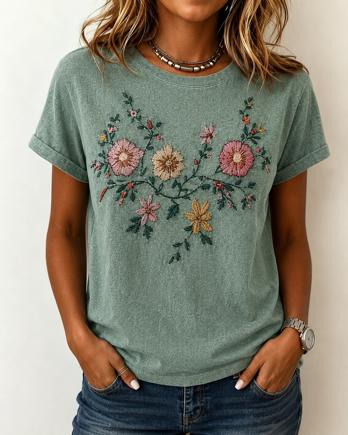Women's Vintage Bohemian Floral Art Print Washed Denim Cotton T-Shirt