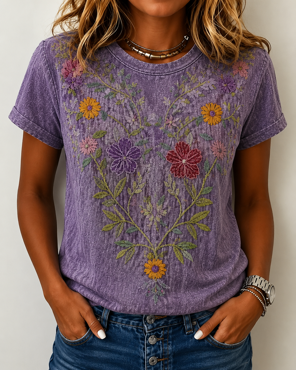 Women's Vintage Ethnic Floral Art Print Casual Cotton Linen T-Shirt