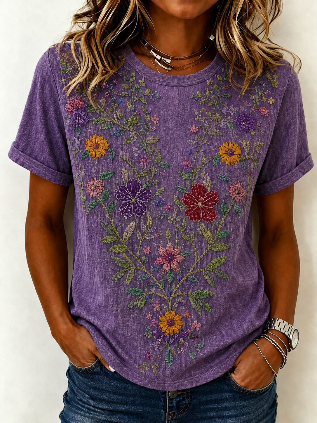 Women's Vintage Ethnic Floral Art Print Casual Cotton Linen T-Shirt