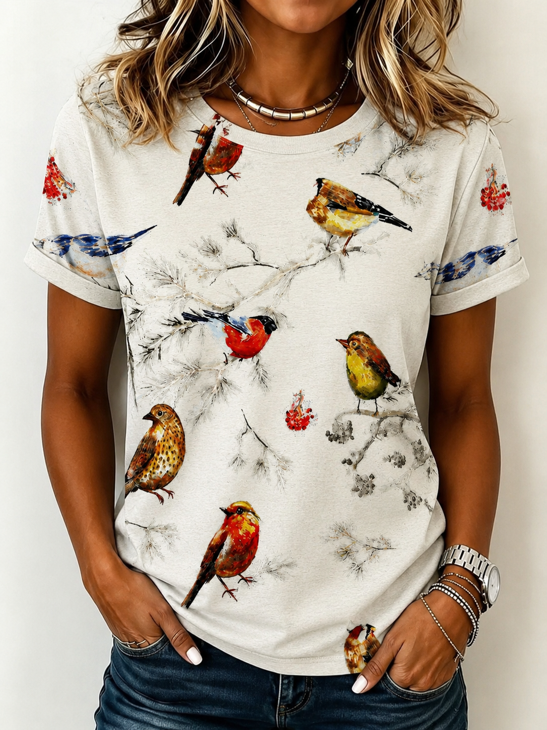 Women's Casual Forest Bird Print T-shirt