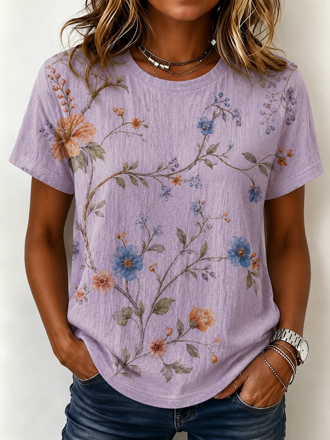Women's Retro Flowers Nature Print Casual Cotton Linen T-Shirt