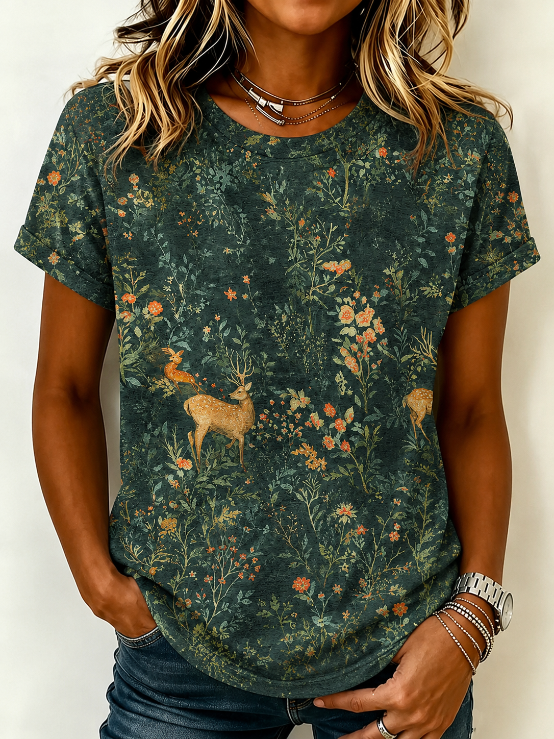 Forest Animal Plant Flower Women's Casual Cotton And Linen T-Shirt