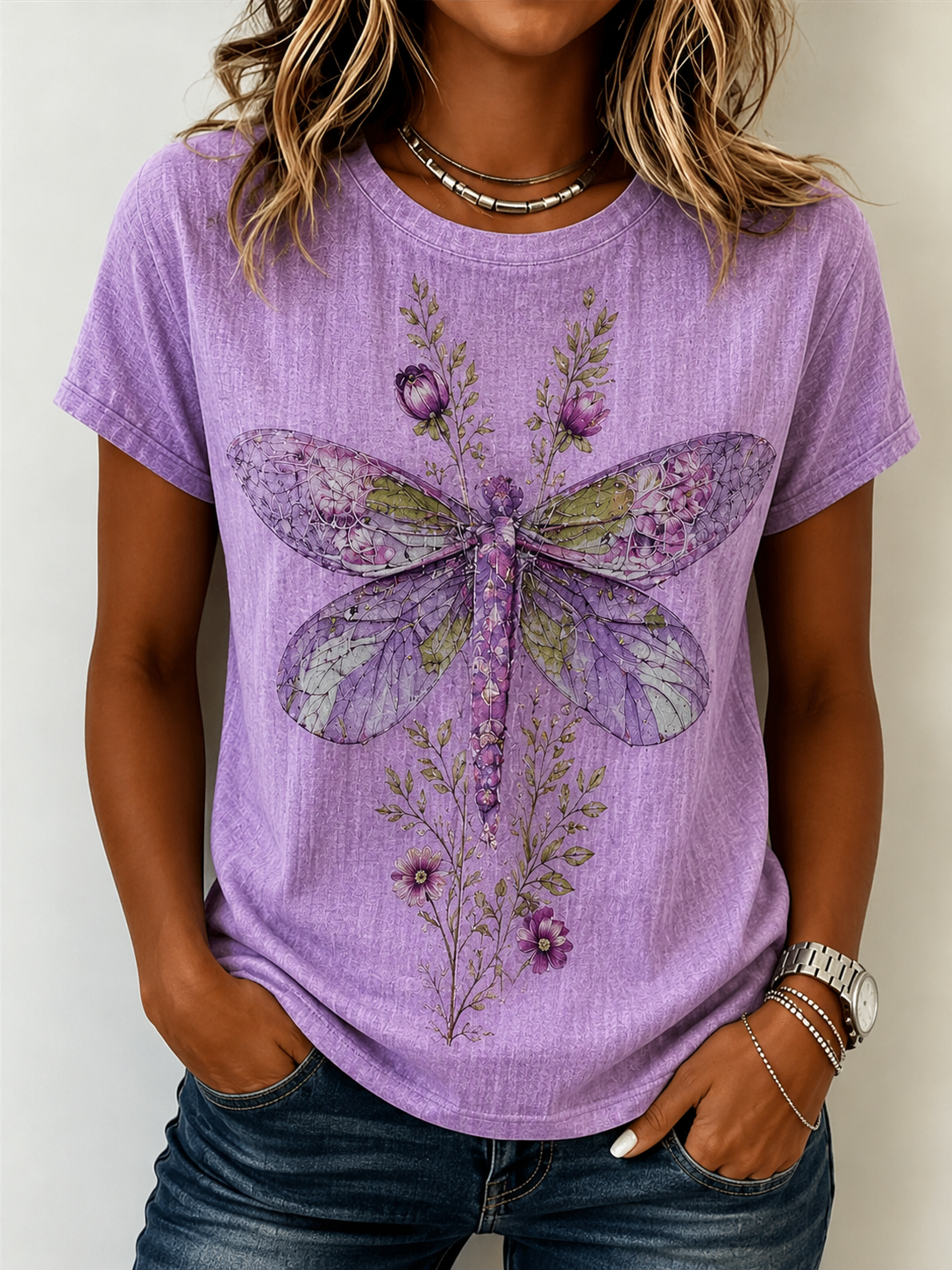 Women's Dragonfly Pattern Art Print Casual Short Sleeve Comfortable Cotton T-Shirt