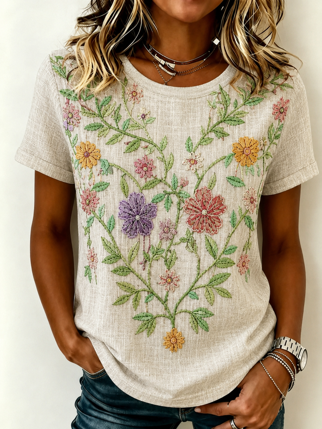 Women's Retro Flowers Nature Print Casual Cotton Linen T-Shirt