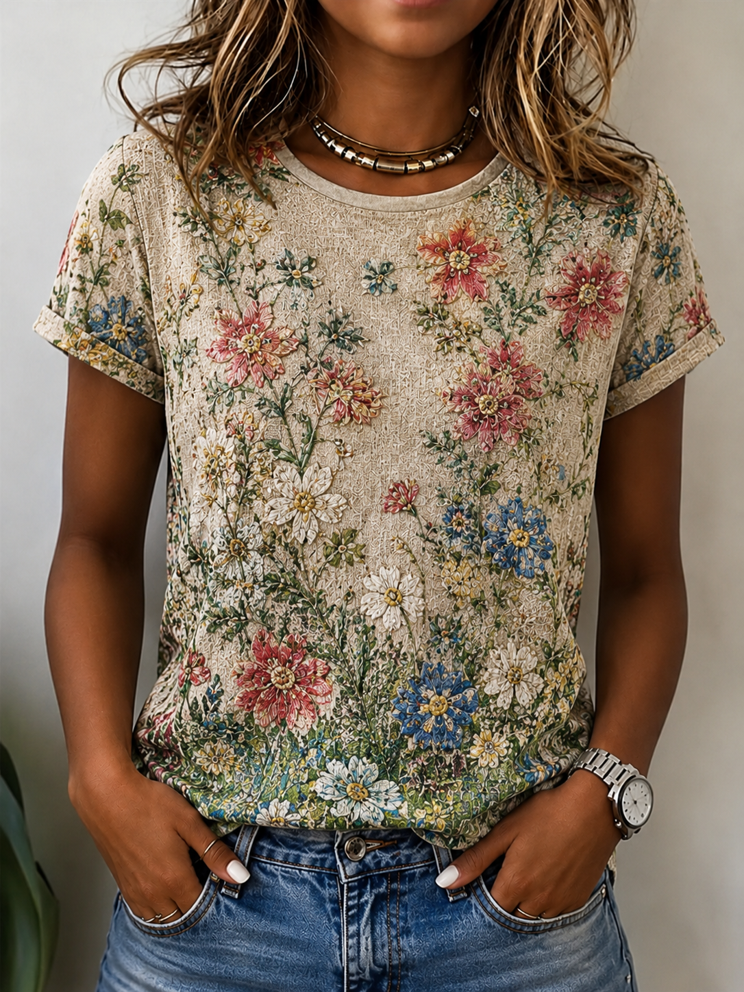 Women's Vintage Lovely Floral Art Print Casual Short Sleeve Comfortable Cotton T-Shirt