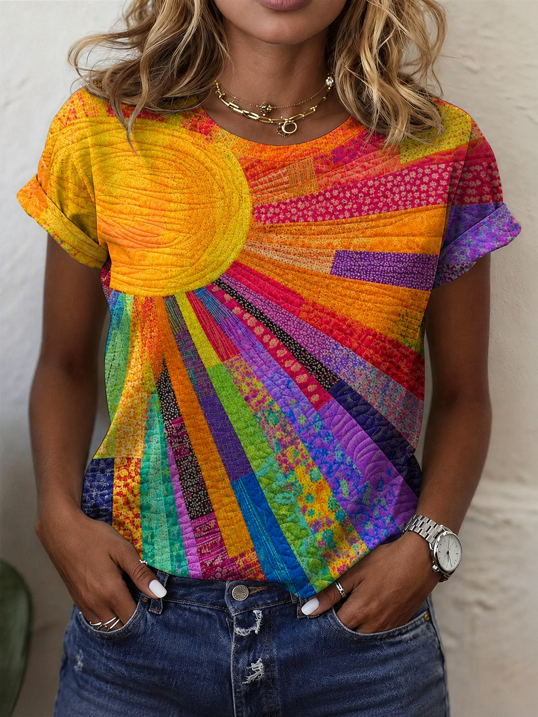 Women's Retro Colorful Sun Art Print Casual short Sleeve Round-Neck Cotton T-Shirt