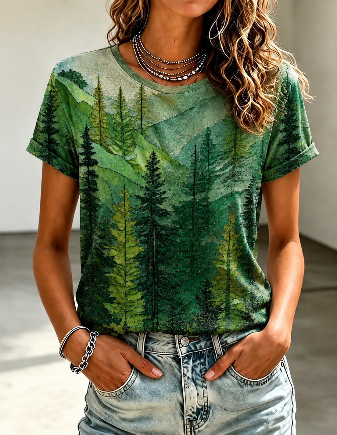 Retro Leisure Multicolor Forest Art Print 100% Cotton short Sleeve T-shirt