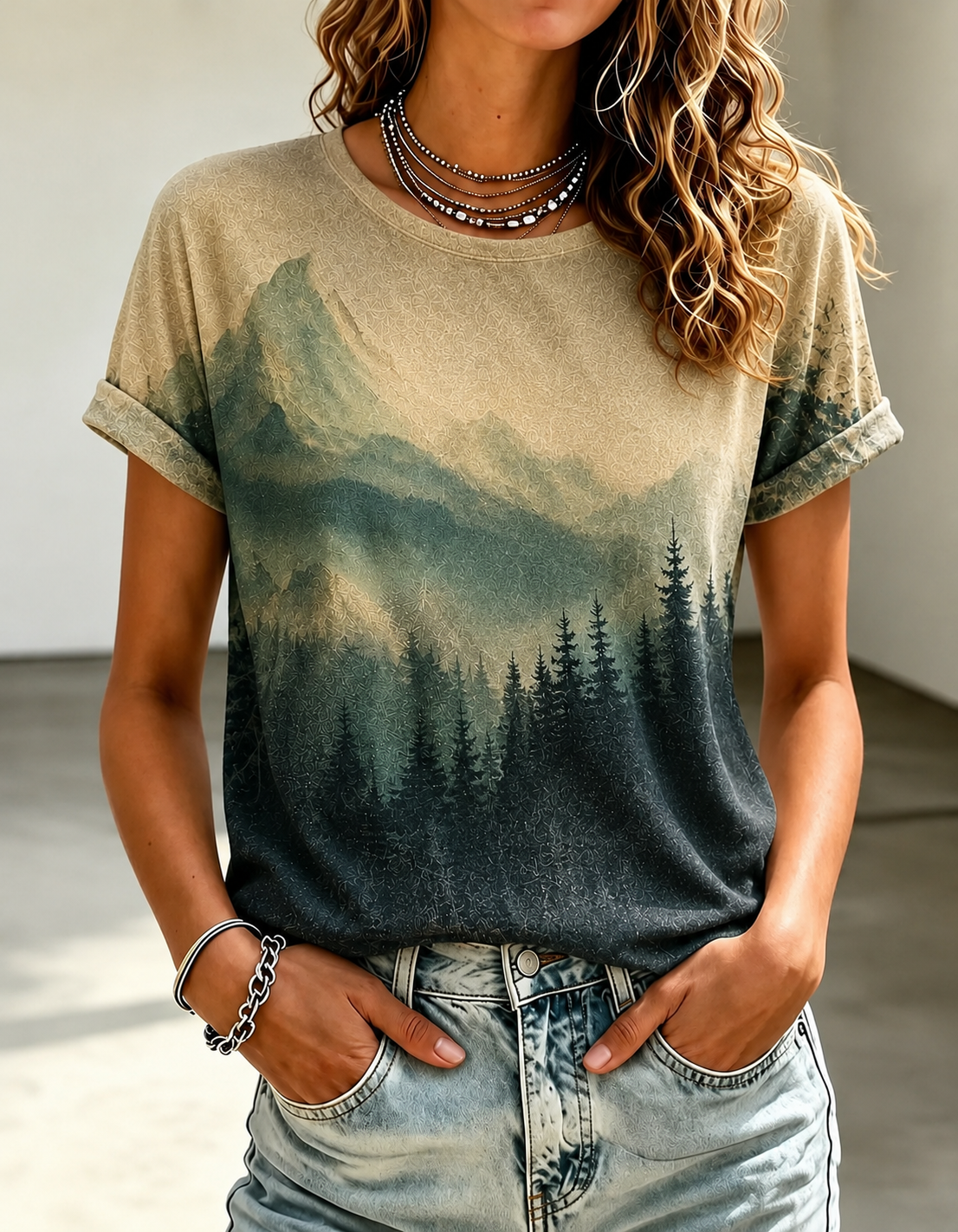 Women's Casual Cotton Shirt with Mountain and Forest Print T-shirt